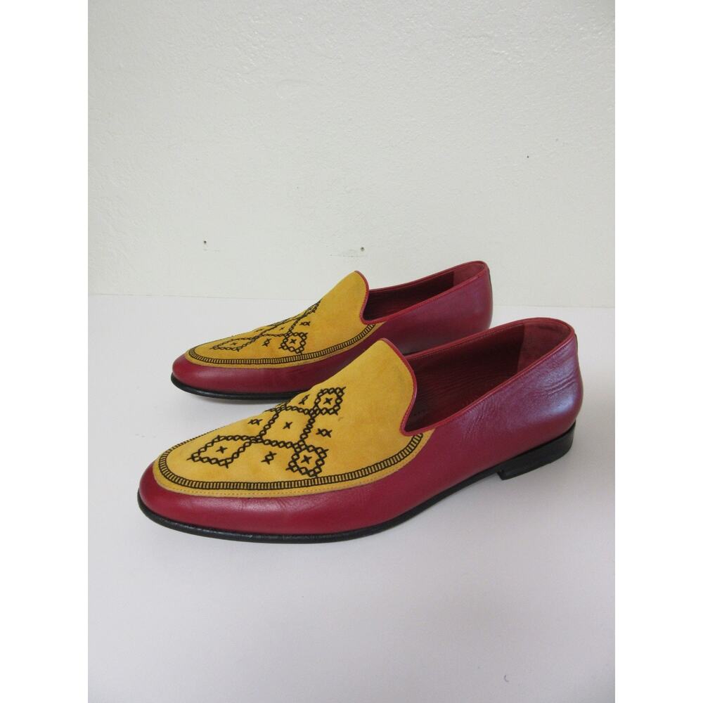 MANOLO BLAHNIK Rare Bold Color Block Geometric Embroidery 10 Slip On Loafers